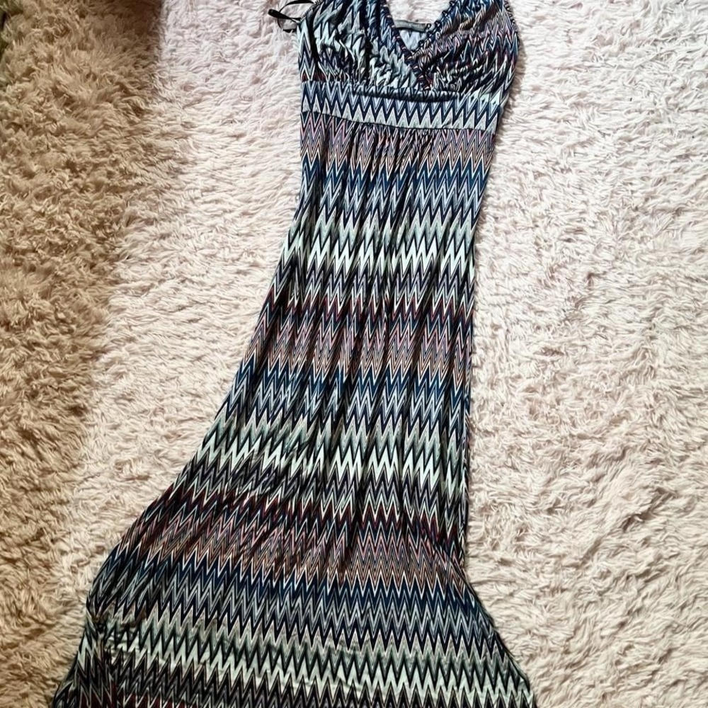 Boho Cottage Core Hippie Chevron Slinky Maxi Dress Womens M Earthy Indie Granola